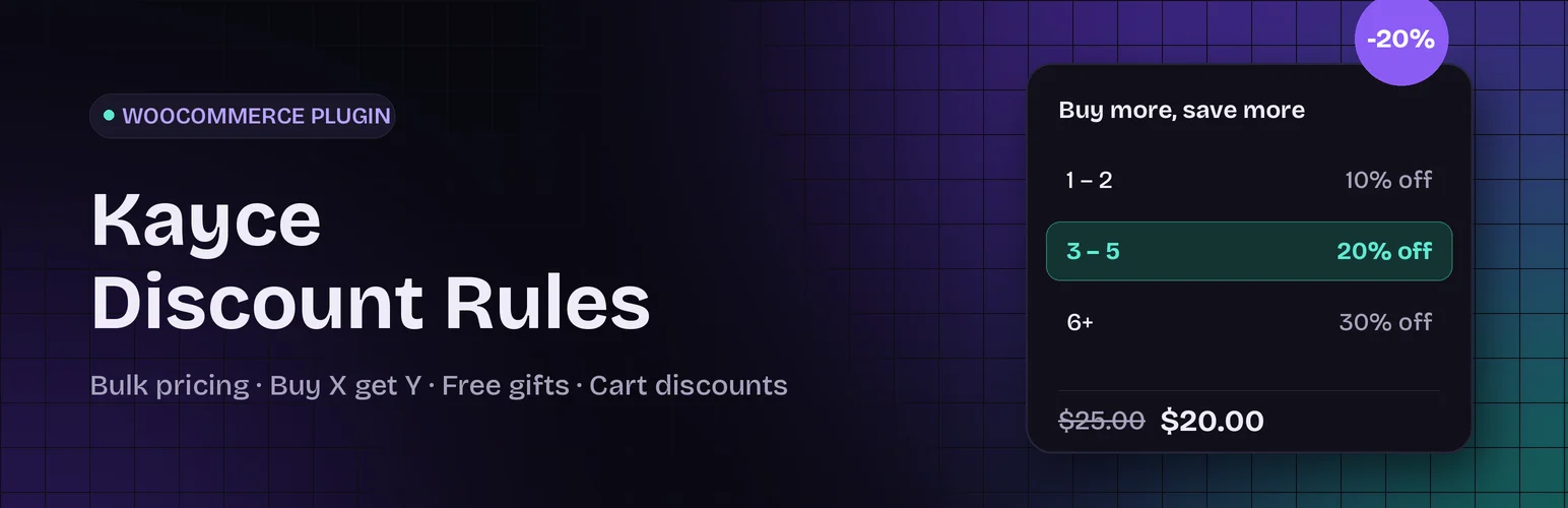Kayce Discount Rules banner showing a bulk pricing table
