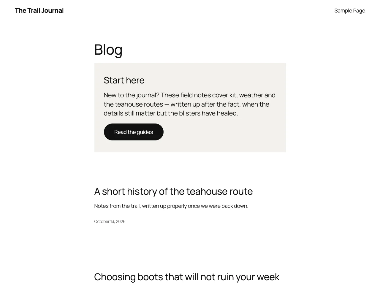 A section displayed above the posts on a blog index