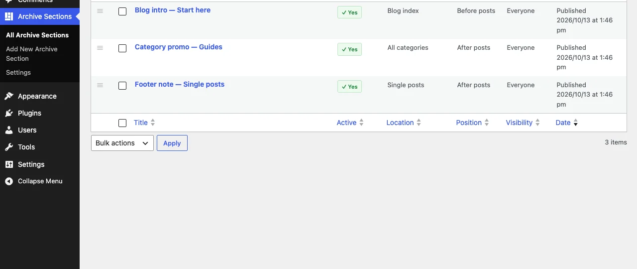 The Archive Sections list with Active, Location, Position and Visibility columns
