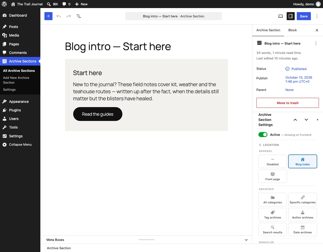Editing a section with the Archive Section Settings panel beside the content