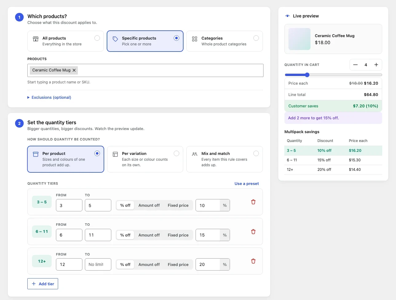 Bulk pricing editor with three tiers
