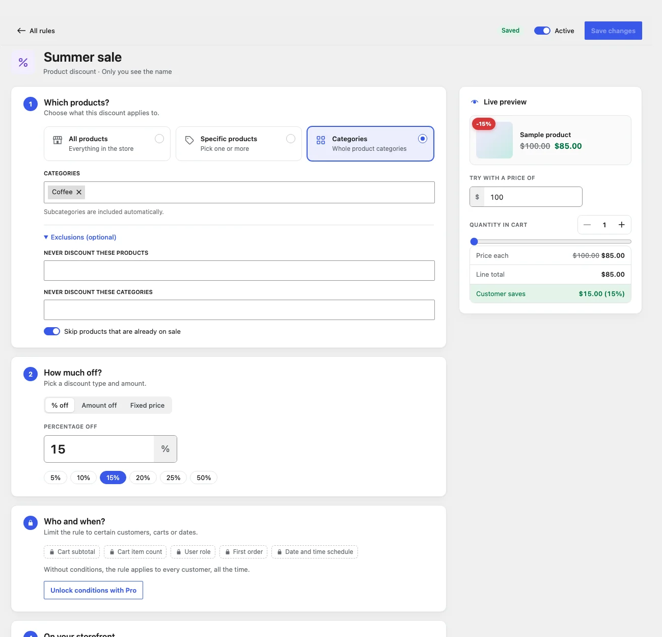 Rule editor for a 15% category discount with the live preview