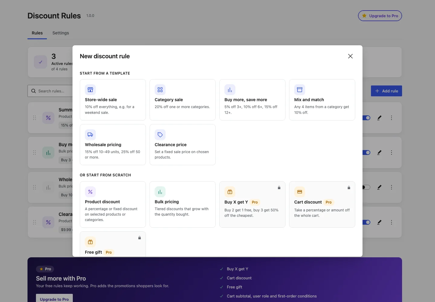 The New discount rule window with six templates and two rule types