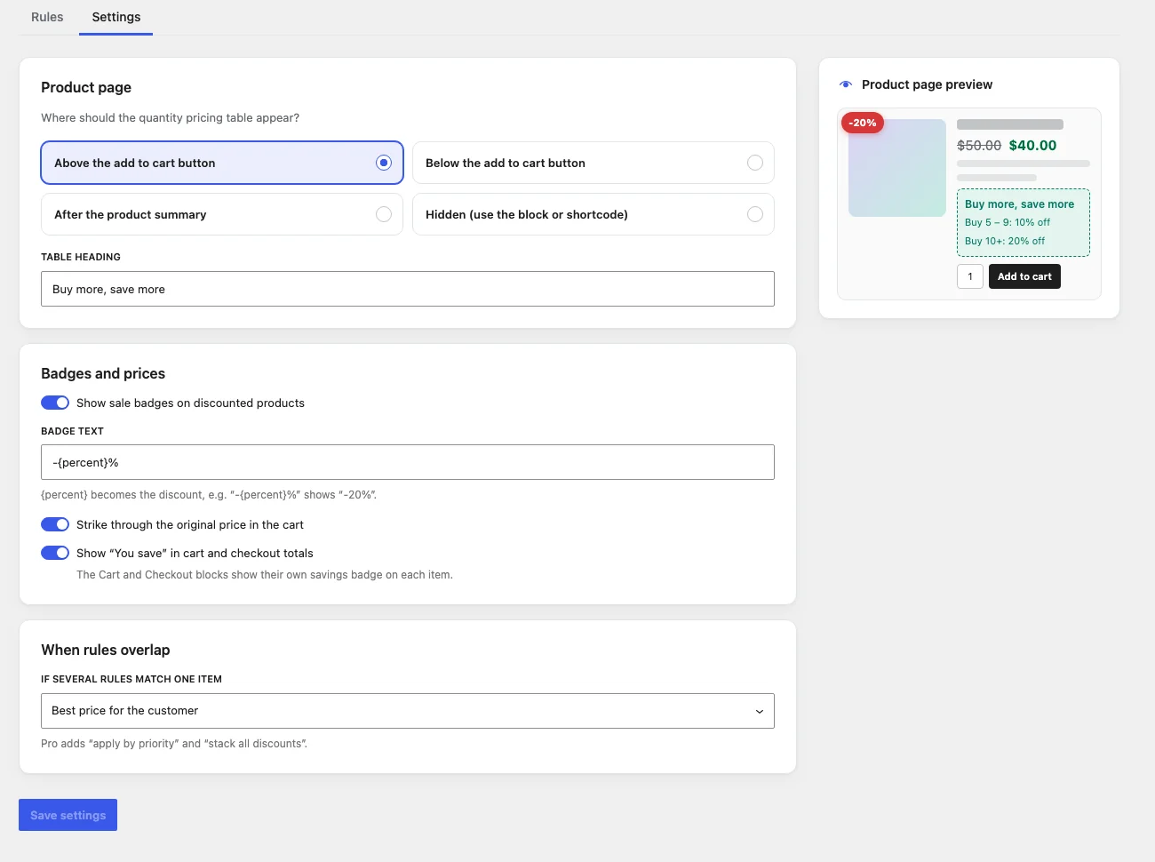 Settings tab with the product page preview