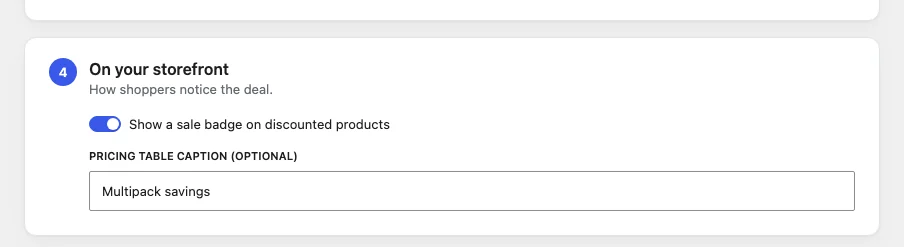 Step 4 with the sale badge switch and pricing table caption