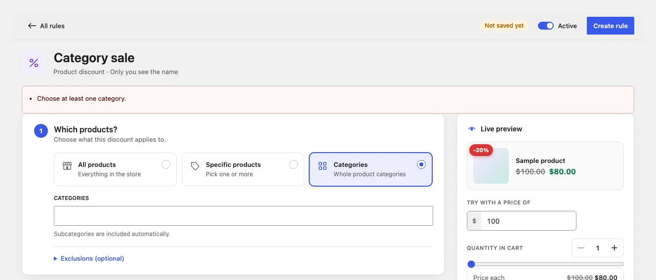 Editor showing the error “Choose at least one category.”
