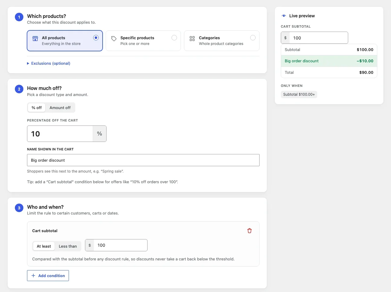 Cart discount editor with a cart subtotal condition and preview