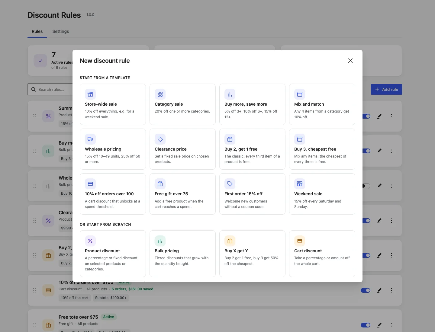 New discount rule window with all twelve templates