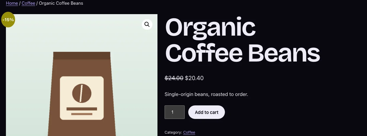 Product page with struck-through price and -15% badge