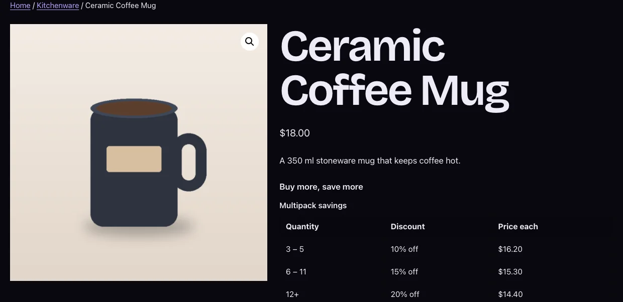 Product page with the Multipack savings table